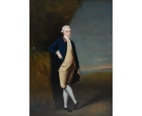 Circle of Edward Haytley Portrait of a gentleman, full-length, wearing a blue coat and buff waistcoat, standing in a landscap