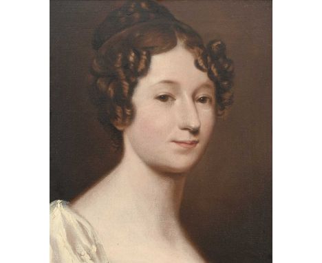 English School Early 19th CenturyPortrait of a lady, bust-length, wearing a white dressOil on canvas35.6 x 30.5cm; 14 x 12in