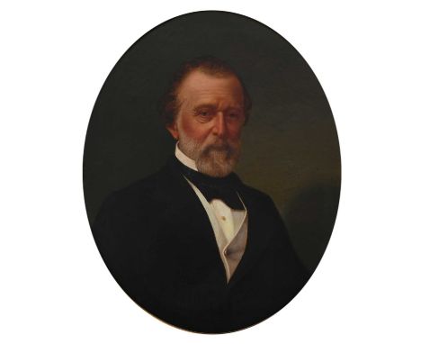 American School 19th Century Portrait of a gentleman, half-length, wearing a black coat and white waistcoat Oil on canvas 76.