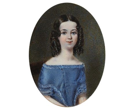 λ English School c.1840Portrait miniature of a young girl wearing a blue dressOval, in a rectangular red leather case62 x 51m