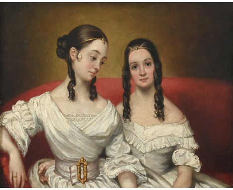 Alfred Edward Chalon (1780–1860)Portrait of two sisters seated on a sofaOil on board23.2 x 30.4cm; 9¼ x 12in