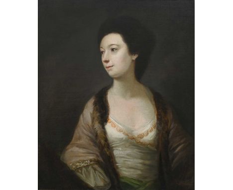 Circle of Sir Joshua ReynoldsPortrait of a lady, half-length, wearing a white dress with a green sash and fur-lined cloakOil 