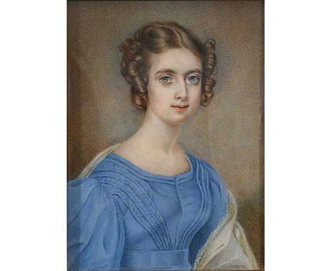 λ English School 19th CenturyPortrait miniature of a young lady wearing a blue dress and ringlets in her hairRectangular in a