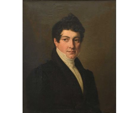 French School Early 19th CenturyPortrait of a gentleman wearing a black coat and white stockOil on canvas33.4 x 27.5cm; 13¼ x