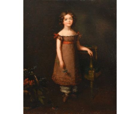 Continental School 19th CenturyPortrait of a young girl, full-length, standing in an interior by a chair, holding a posy of f