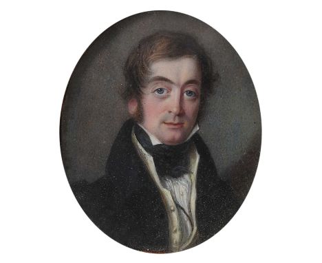 λ English School Early 19th CenturyPortrait miniature of a gentleman wearing a black coat and yellow waistcoatOval, in a leat