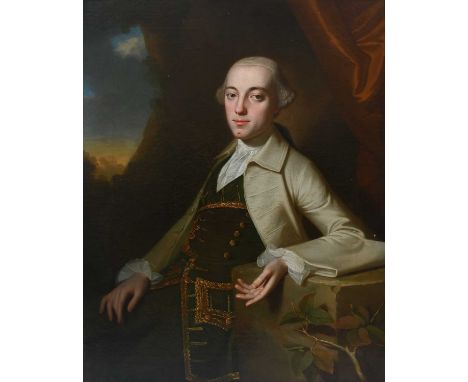 John Downman ARA (1750-1824) Portrait of a gentleman, three-quarter length, wearing a grey coat and green waistcoat, leaning 