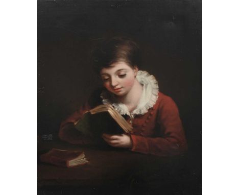 English School 19th CenturyPortrait of a boy wearing a red coat, reading at a tableOil on canvas76.3 x 63.2cm; 30 x 24¾inUnfr