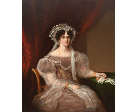 Continental School Mid-19th Century Portrait of a lady, three-quarter length, wearing a lace dress and bonnet, seated in an i