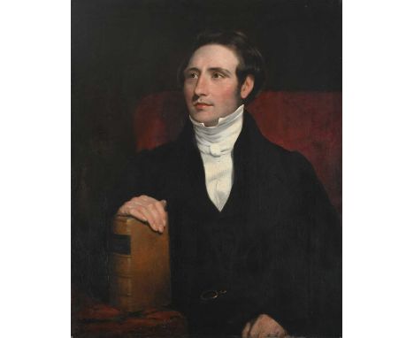 English School 19th CenturyPortrait of a gentleman, half-length, seated and resting his hand on a volume of English VerseOil 