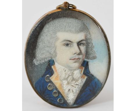 λ English School 18th CenturyPortrait miniature of a gentleman wearing a blue coat and powdered wigOval, in a gilt metal fram