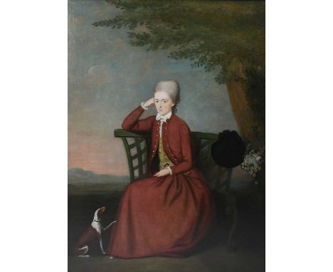 Circle of Edward HaytleyPortrait of a lady, full-length, wearing a brown dress seated in a landscape with a dogOil on canvas7