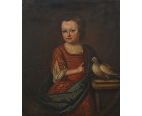 English School Early 18th CenturyPortrait of a young girl, half-length, wearing a red dress, standing by a pedestal with a do