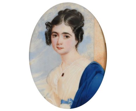 λ Charles Foot Tayler (1794–1853)Portrait miniature of a lady wearing a white dress and blue shawlSigned, inscribed and dated