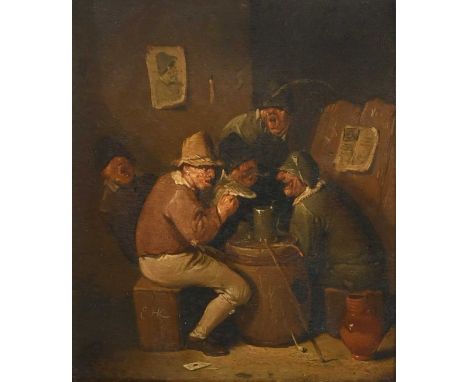 Egbert van Heemskerck I (Dutch c.1634-1704)Peasants in a tavernSigned with monogram (lower left to bench)Oil on panel19 x 16.