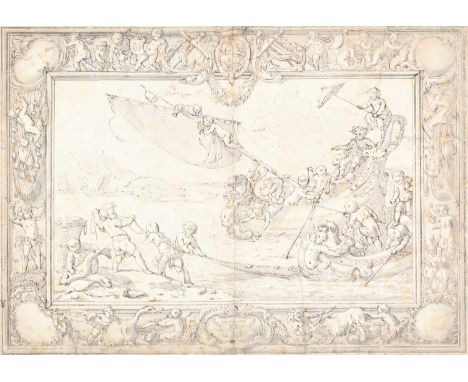 Attributed to Sir James Thornhill (1675/76-1734) Putti bringing in a king to land, possibly a design for a tapestryPen and in