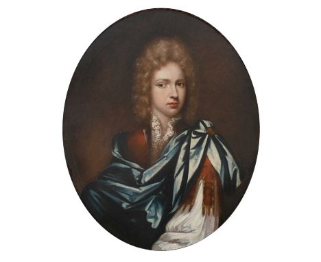 Circle of Johann KerseboomPortrait of a young man, half-length, wearing a blue cloak and long wigOil on canvas, oval73.2 x 61