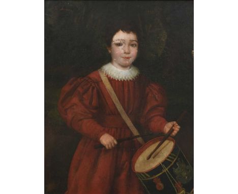 Continental School 19th CenturyPortrait of a young boy, three-quarter length, dressed in red playing a drumIndistinctly signe