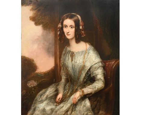 English School 19th CenturyPortrait of a lady, three-quarter length, wearing a white dress and seated in an interiorOil on pa