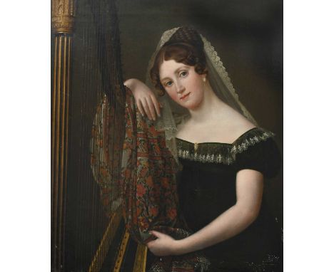 Jan Baptiste Lodewijk Maes (1794–1856)Portrait of a lady, half-length, wearing a black dress and standing by a harpSigned, da