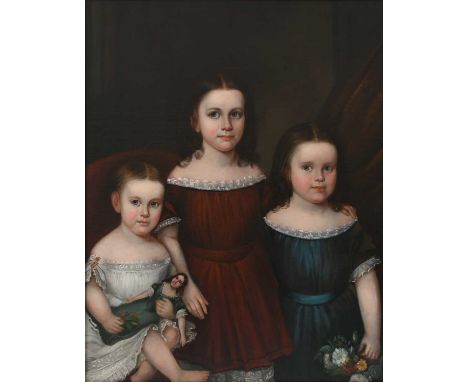 American School 19th Century Portrait of three children in an interior, the youngest holding a doll Oil on canvas 94.1 x 76.3