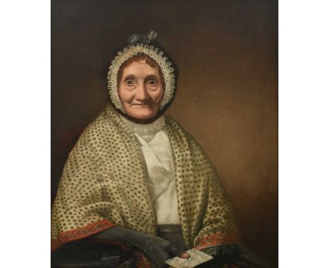 British School 18th CenturyPortrait of Mrs Mary Cameron (née Adair) (1731-1818), of Ayr, Scotland, half-length, seated holdin