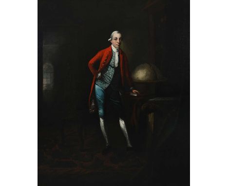 Follower of Arthur DevisPortrait of a gentleman, full length, wearing a red coat, embroidered waistcoat and blue breeches, st