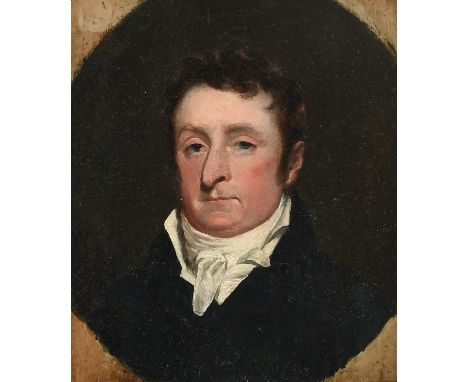 English School Early 19th CenturyPortrait of a gentleman, bust-length, wearing a blue coat in a painted ovalOil on panel18 x 