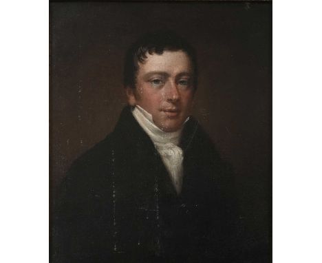 English School Early 19th centuryPortrait of a gentleman, bust-length, wearing a black coat and white stockOil on canvas35.7 