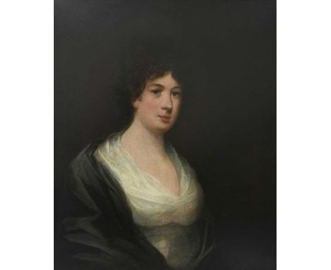 Circle of William Beechey Portrait of a young lady, half-length, wearing a white dress and grey cloak Oil on canvas 76.7 x 63