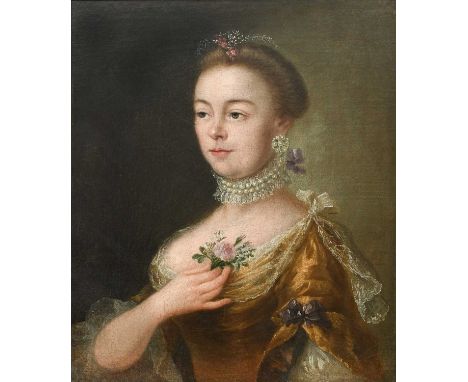 John Maurice Hauck (act.1759-1775)Portrait of a lady, half-length, wearing a yellow dress, a choker of pearls, and holding a 