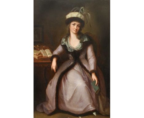 Manner of Elisabeth-Louise Vigée LeBrunPortrait of a lady, full length, wearing a purple dress and fur-lined hat, seated in a