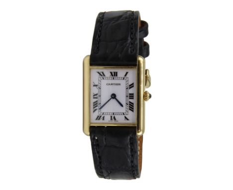 Cartier Damenarmbanduhr, Tank, in 18-karätigem Gelbgold, Paris um 1990, rechteckiges Gelbgoldgehäuse, rückseitig bez. Cartier