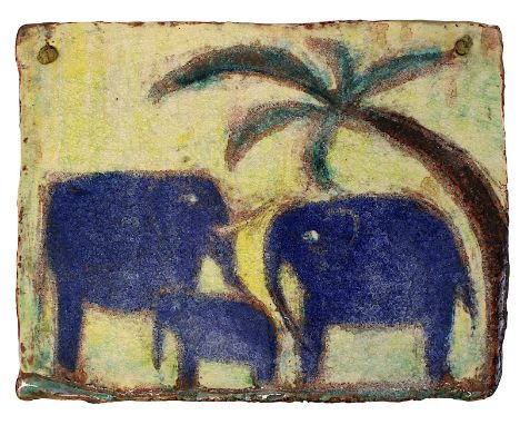 Leauger, Max (Lörrach 1864 - 1952 Lörrach),”&nbsp;Bildfliese Elefanten-Familie”, um 1935, rot-brauner, schamottierter Scherbe