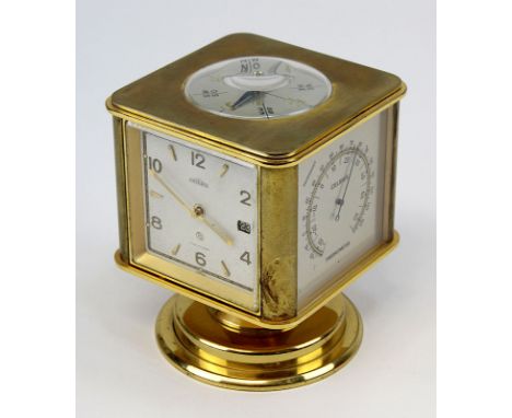 Tischuhr mit Wetterstation, Angelus, Schweiz um 1970, vergoldetes Messinggehäuse, mit Uhr, bez. Angelus Suisse, Hygrometer, B