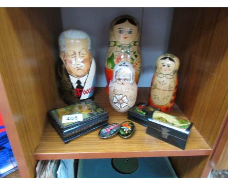 4 sets of Matryoshka dolls (Russian nesting dolls) including 20th century Russian leaders, 3 trinket boxes and 2 brooches