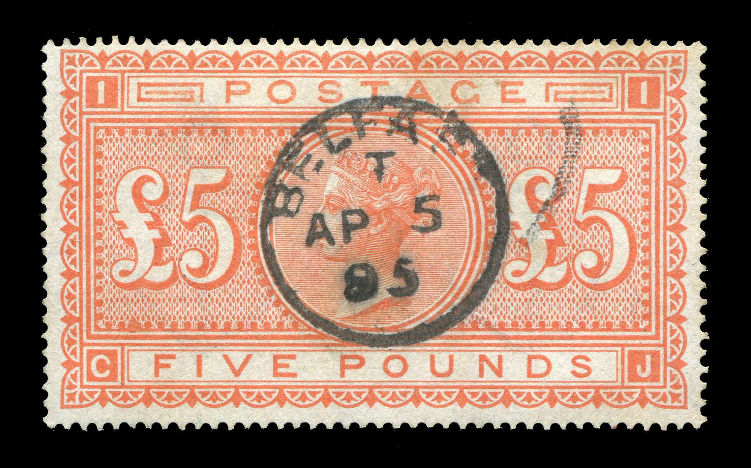 A Great Britain 1882 £5 orange stamp, used with central Belfast date stamp.Buyer’s Premium 29.4