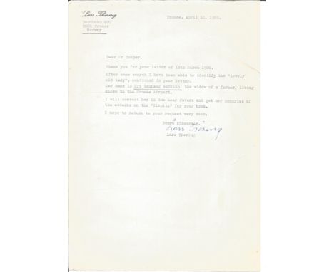 Lars Thoring Clerk of Tromso who witnessed the Tirpitz raid typed signed letter to author Alan Cooper regarding identifying a