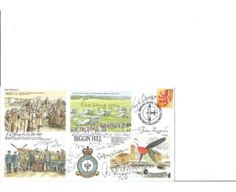 Ten Battle of Britain pilots signed Biggin Hill RAF station cover. Includes Tony Pickering, Graham Leggett, Geoffrey Wellum, 