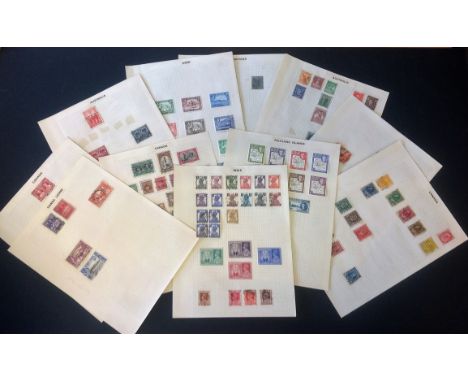 British commonwealth stamp collection on 12 loose album pages. Mint and used. Includes Aden, Australia, Canada, Falkland Isla