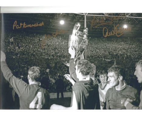Man United 1968 Football Autographed 12 X 8 Photo, A Superb Image Depicting Players Celebrating With The European Cup During 