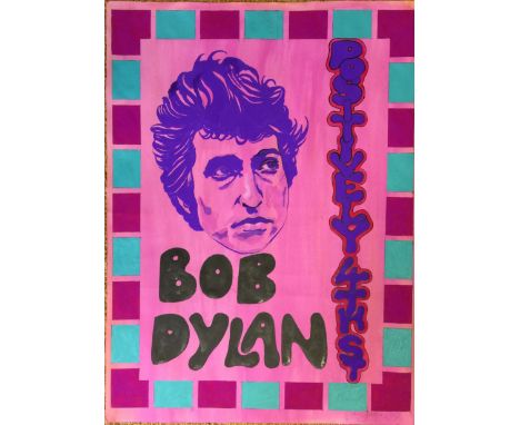 BOB DYLAN PAINTED POSTER. A hand painted poster design by artist John Judkins. Measures approx 20 x 30". Signed by the artist