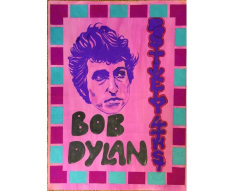 BOB DYLAN PAINTED POSTER. A hand painted poster design by artist John Judkins. Measures approx 20 x 30". Signed by the artist