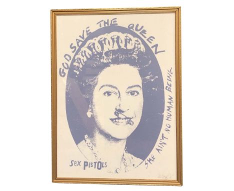 JAMIE REID GOD SAVE THE QUEEN LIMITED EDITION PRINT. A framed limited edition print of a 1997 work by Jamie Reid, depicting a