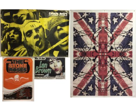 STONE ROSES POSTERS. Four Stone Roses posters to include: canvas print of the classic Squire artwork (31 x 42"), Stoned Roses