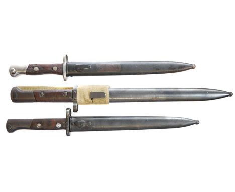 Three Mauser rifle bayonets and scabbards Three bayonets and scabbards including a rare Thailand / Siamese 1896 bayonet and s