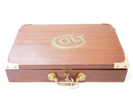 Mahogany hand made gun box for two Colt revolvers Mahogany hand made gun box for two Colt revolvers, the lid with brass Colt 