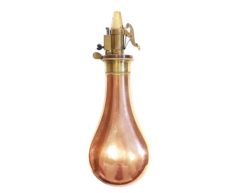 Copper and brass powder flask by M. Marsh of Sheffield, Copper and brass powder flask by M. Marsh of Sheffield, with finely a