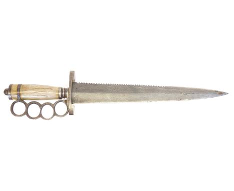 Saw backed knife, Saw backed knife, with double edged point, knuckle duster guard and horn grip, late 19th century. Buyer mus