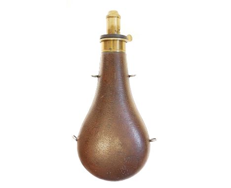 Large size James Dixon and Sons powder flask Large size James Dixon and Sons powder flask, leather covered brass body with fo